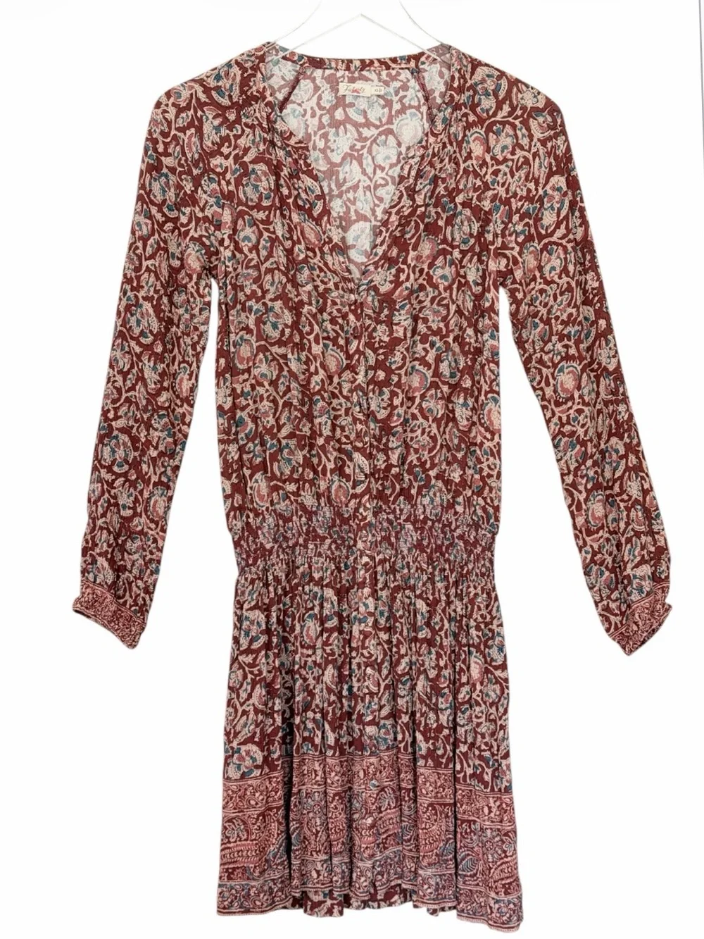 Faherty Montara Blouson Boho Floral Paisley Smocked Waist Mini Dress Size XS